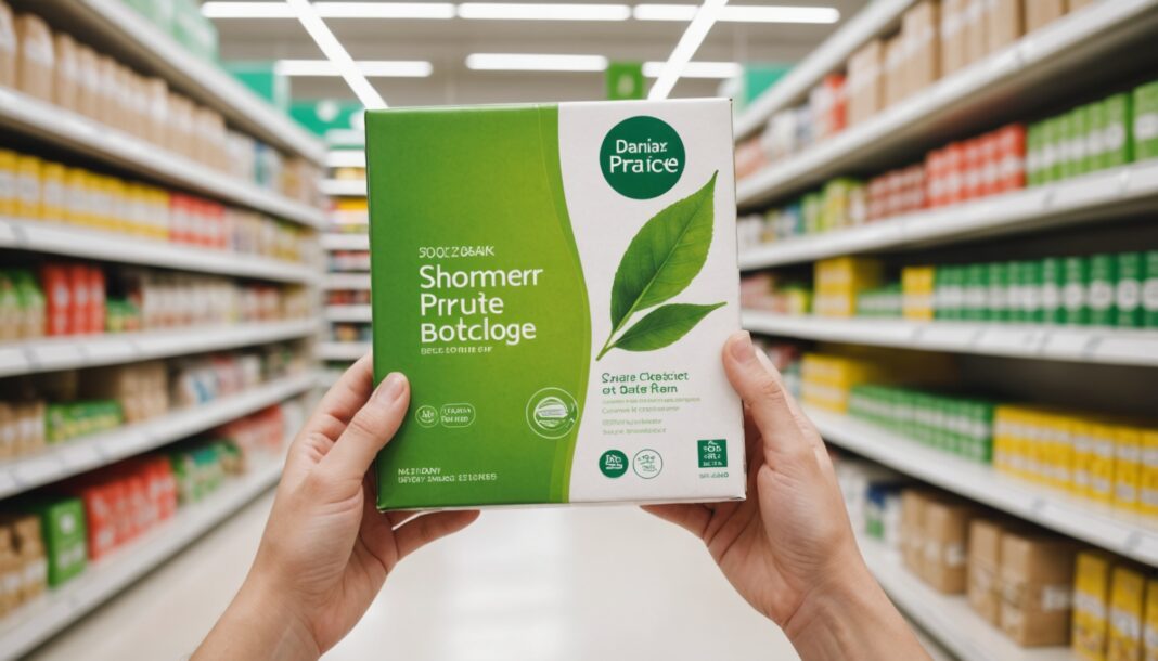 Haende halten eine Produktverpackung mit gruenem Blattsymbol in einem Supermarktregal