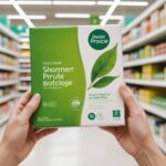 Haende halten eine Produktverpackung mit gruenem Blattsymbol in einem Supermarktregal