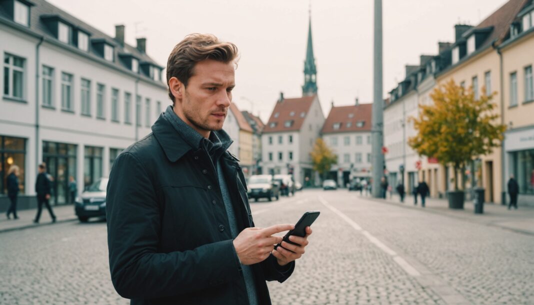 Person auf einer deutschen Straße prüft die Geschwindigkeit des mobilen Internets auf dem Smartphone