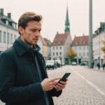 Person auf einer deutschen Straße prüft die Geschwindigkeit des mobilen Internets auf dem Smartphone