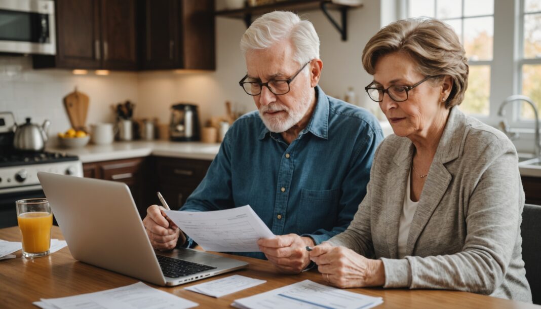 Illustration générée par IA d'un couple de seniors consultant des documents d'épargne retraite, ne représente pas des personnes réelles