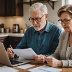 Illustration générée par IA d'un couple de seniors consultant des documents d'épargne retraite, ne représente pas des personnes réelles