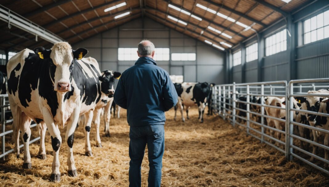 Vétérinaire examinant des vaches laitières dans une étable, illustration générée par IA