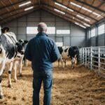 Vétérinaire examinant des vaches laitières dans une étable, illustration générée par IA
