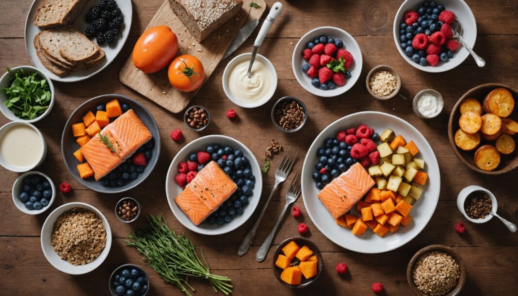 Aliments du régime nordique : poisson, pain de seigle, légumes et baies