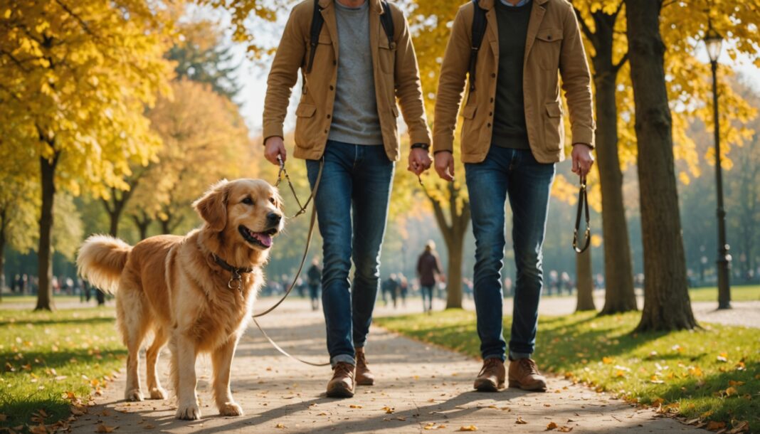 Golden retriever promené en laisse dans un parc ensoleillé, illustration d'une éducation canine sans collier coercitif