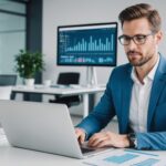 Dirigeant de petite entreprise travaillant sur un ordinateur portable, illustration generee par IA