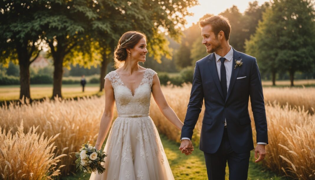 Couple se tenant les mains lors d'une célébration de mariage en extérieur