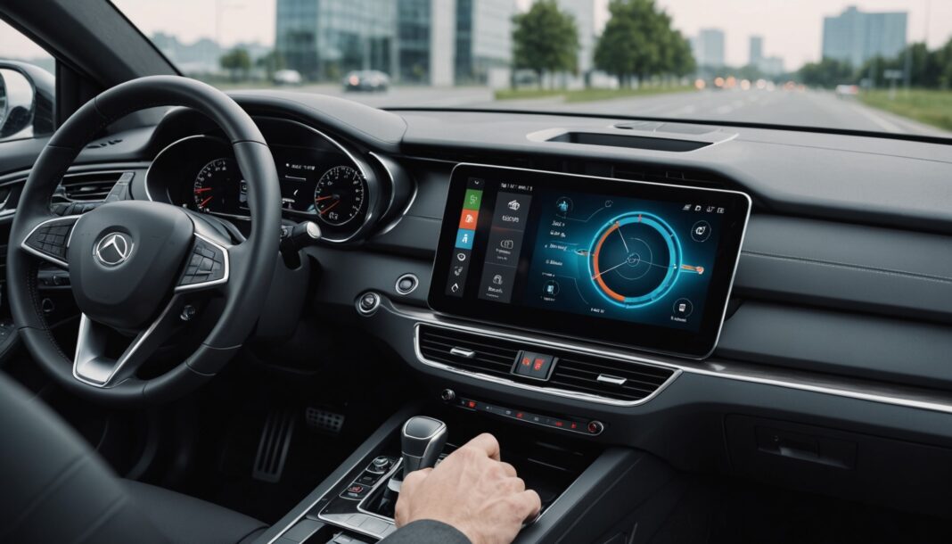 Illustration générée par IA d'un écran de bord de voiture avec interface de navigation, ne représente pas l'interface exacte de Google