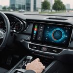 Illustration générée par IA d'un écran de bord de voiture avec interface de navigation, ne représente pas l'interface exacte de Google