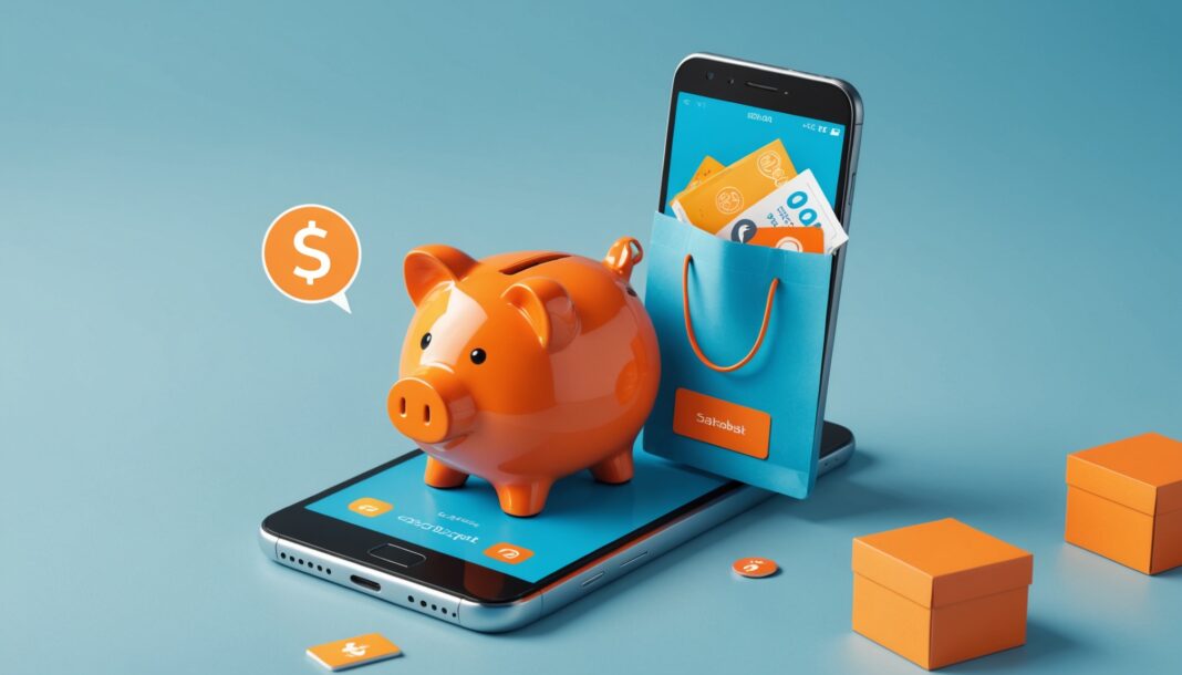 Illustration d'une application de cashback sur smartphone avec tirelire et sac de courses