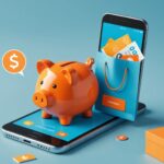 Illustration d'une application de cashback sur smartphone avec tirelire et sac de courses