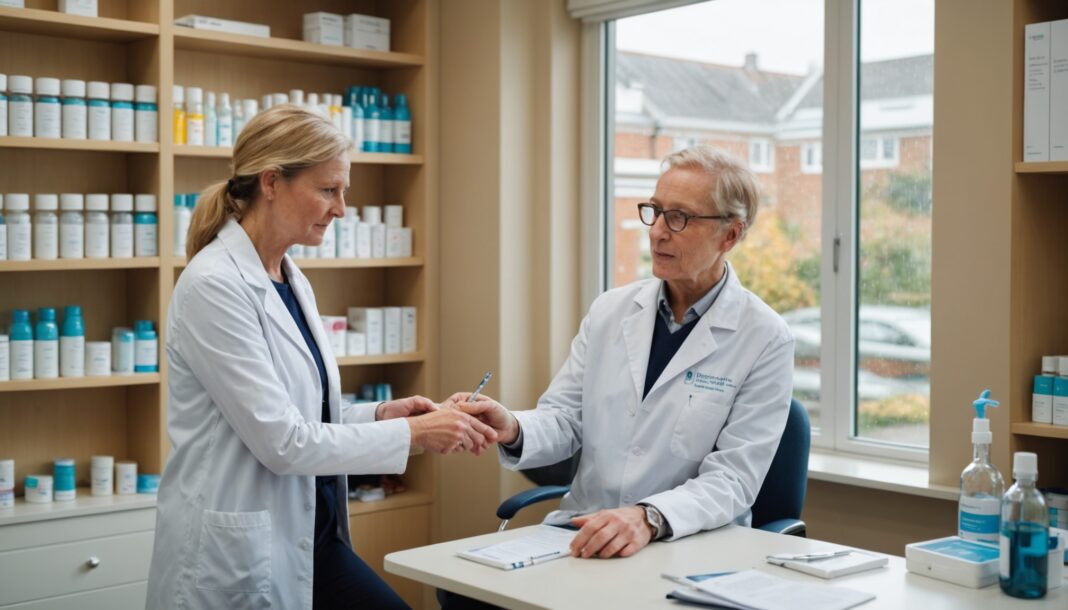 A pharmacist prepares a winter flu vaccination for an older patient in a UK community pharmacy