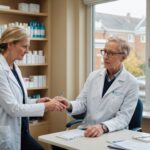 A pharmacist prepares a winter flu vaccination for an older patient in a UK community pharmacy