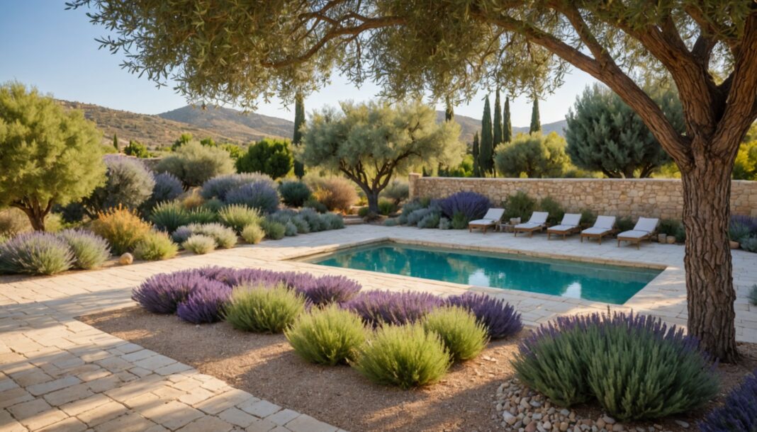 Jardin sec de style méditerranéen avec oliviers et lavande autour d'une piscine, illustration générée par IA, ne représente pas un lieu réel