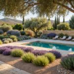 Jardin sec de style méditerranéen avec oliviers et lavande autour d'une piscine, illustration générée par IA, ne représente pas un lieu réel