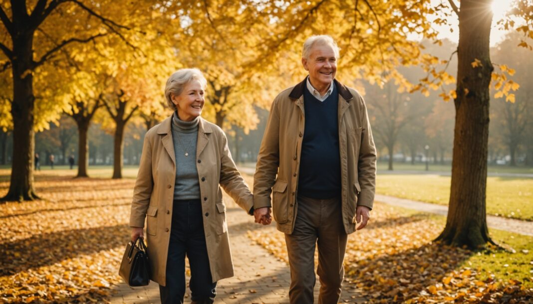 illustration générée par IA : couple de seniors heureux se promenant dans un parc après 60 ans