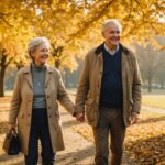 illustration générée par IA : couple de seniors heureux se promenant dans un parc après 60 ans