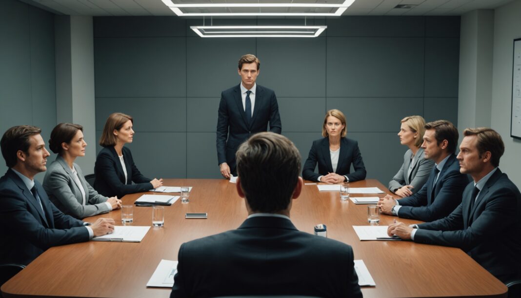 Illustration d'un manager s'exprimant en réunion face à des collègues, sur le thème de la promotion managériale