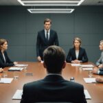 Illustration d'un manager s'exprimant en réunion face à des collègues, sur le thème de la promotion managériale