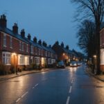 Wet suburban street at dusk in late autumn, streetlamps lit and a pedestrian walking home