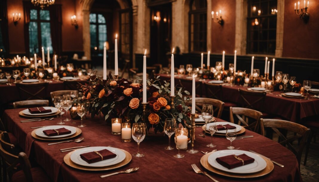 Table de réception de mariage en automne avec bougies, velours bordeaux et feuillage naturel