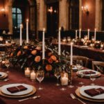 Table de réception de mariage en automne avec bougies, velours bordeaux et feuillage naturel