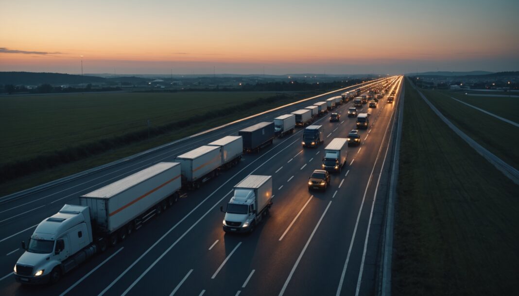 Illustration générée par IA : file de camions sur une autoroute française au crépuscule, carburant et transport routier