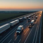 Illustration générée par IA : file de camions sur une autoroute française au crépuscule, carburant et transport routier