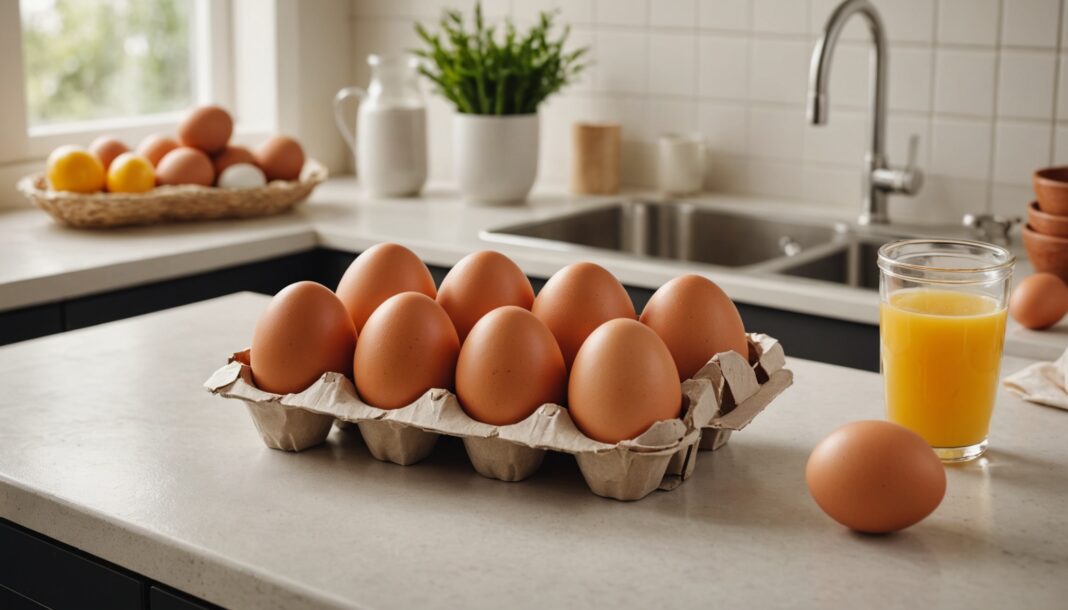 Oeufs frais dans leur boîte posés sur un plan de cuisine, lumière naturelle
