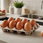 Oeufs frais dans leur boîte posés sur un plan de cuisine, lumière naturelle
