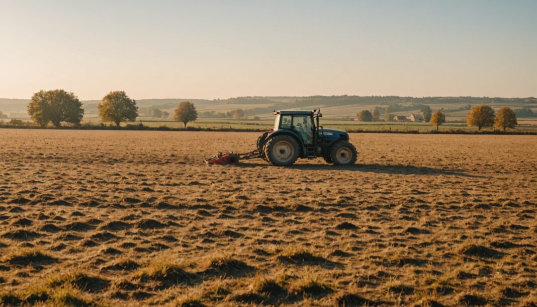 Paysage agricole français en automne marqué par la sécheresse, tracteur et bétail au pâturage