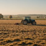 Paysage agricole français en automne marqué par la sécheresse, tracteur et bétail au pâturage