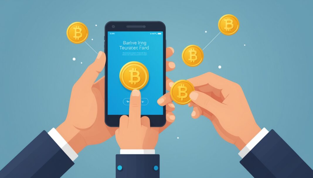 Illustration d'un parrainage bancaire avec échange de bonus entre deux smartphones