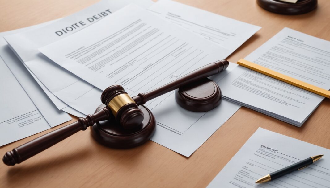 Illustration d'un marteau de justice et de documents administratifs symbolisant la réforme du recouvrement des dettes