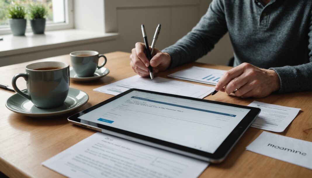 A person at a kitchen table checking recurring subscription payments on a tablet and a laptop