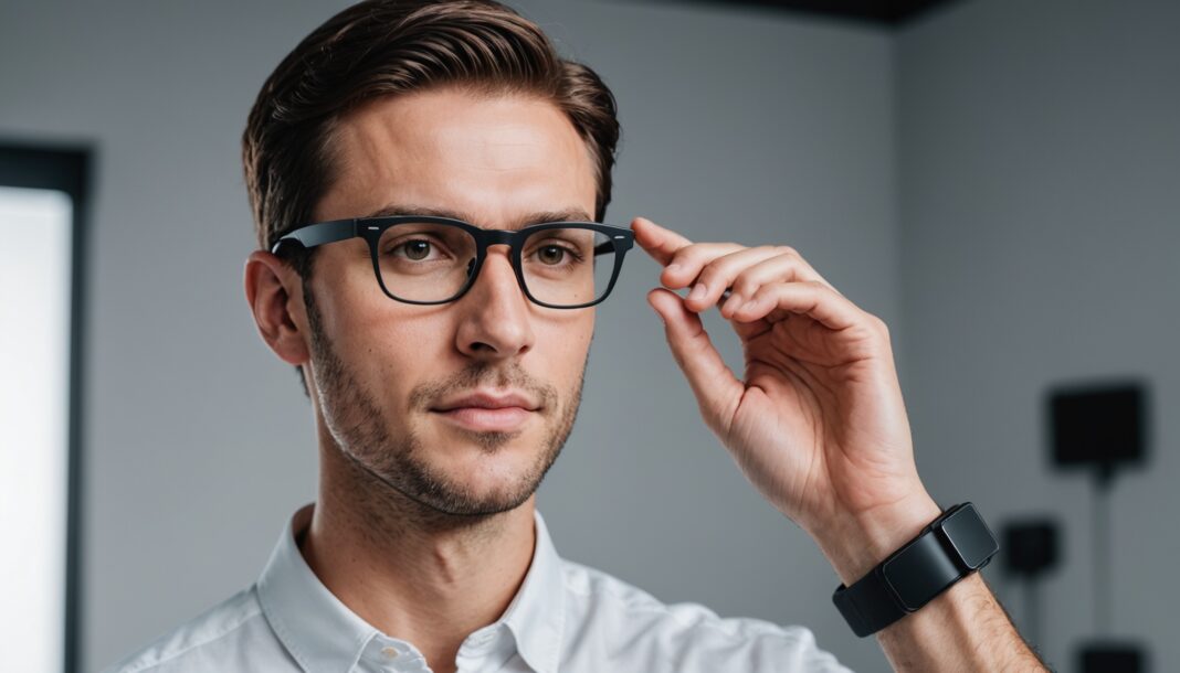 Lunettes connectées à écran tenues en main dans un showroom tech minimaliste