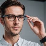 Lunettes connectées à écran tenues en main dans un showroom tech minimaliste