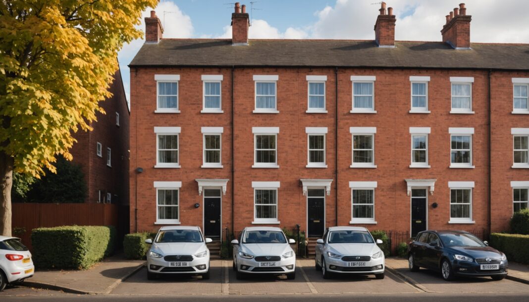 Row of British terraced homes with loft insulation rolls in a doorway and an air source heat pump outside